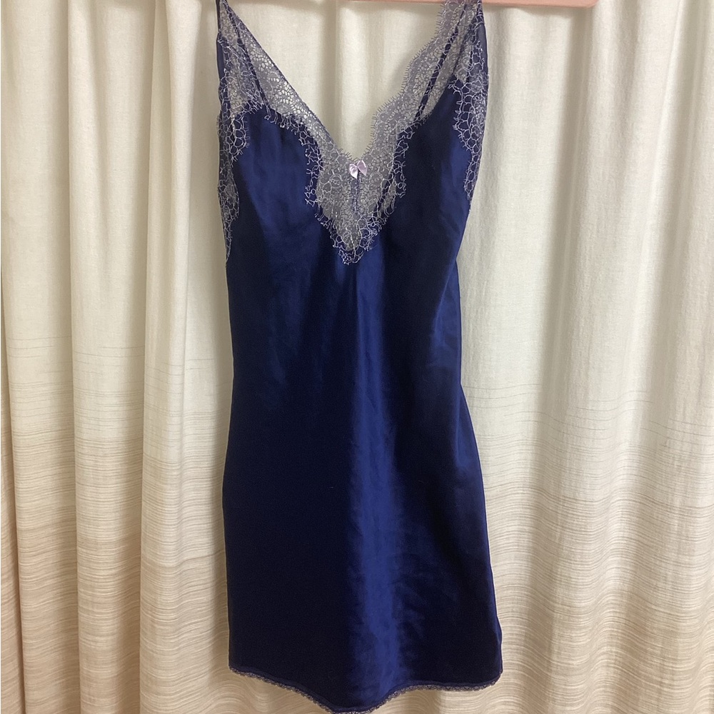 Victoria's Secret Blue and Gray Satin Chemise with Lace Trim